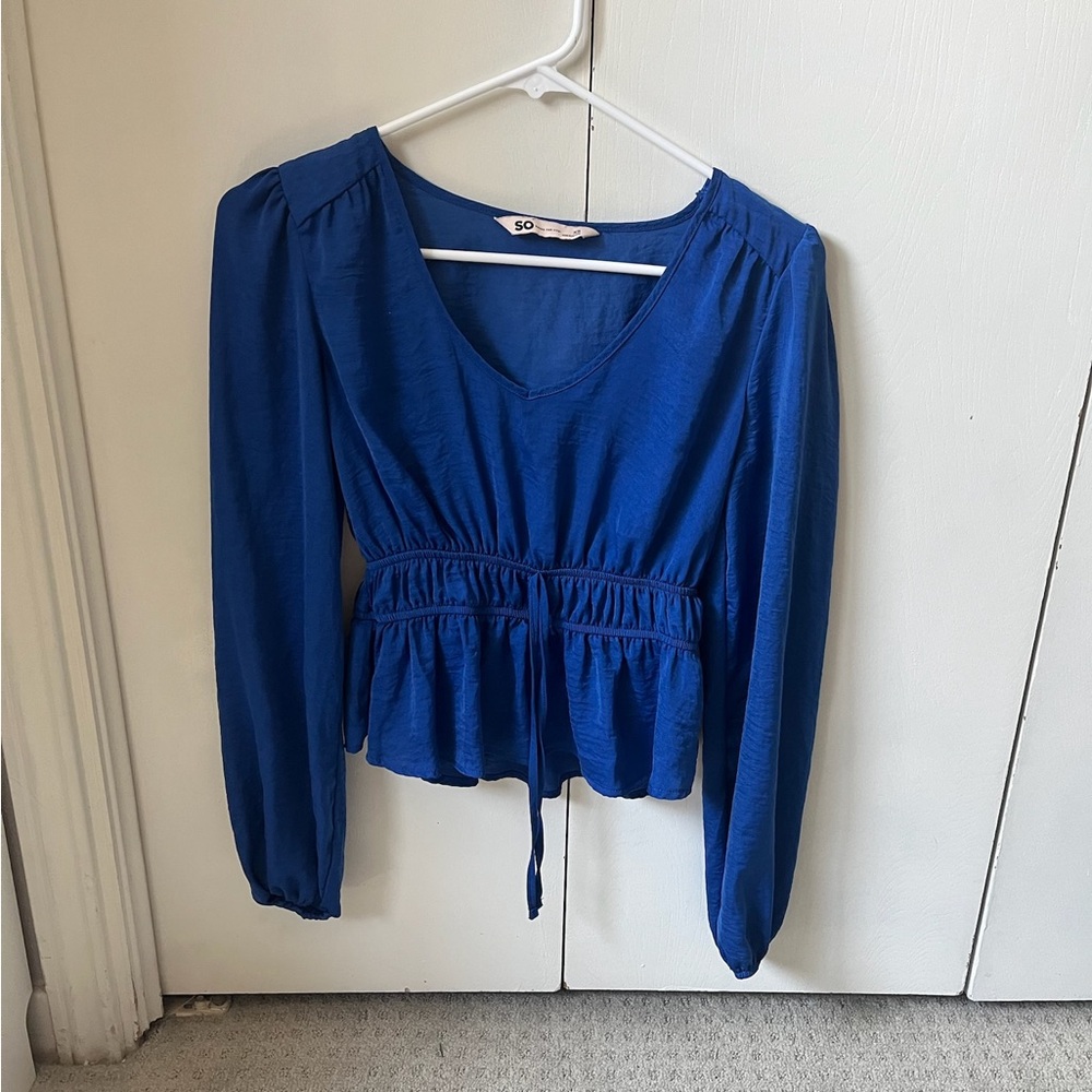 SO Blue Ruched Peplum Blouse with Tie Front